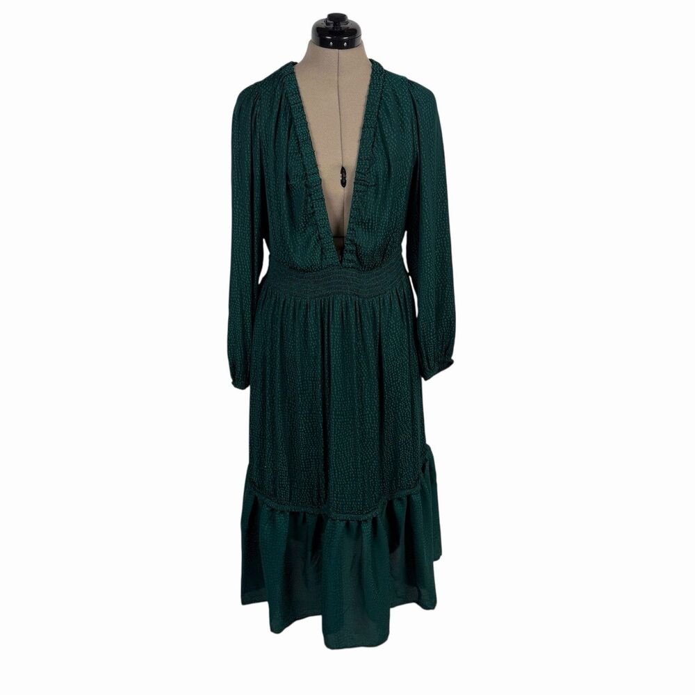 On 34th Womens Medium M Green Satin Tiered Midi Dress Smocked Waist Boho Ruffle